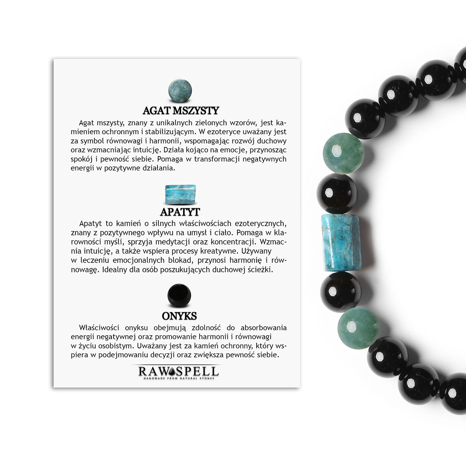 Elegancka bransoletka na gumce z Agatem Mszystym, Apatytem, Onyksami - kolekcja Laeri dla Kobiet i Mężczyzn Unikalna bransoletka z kolekcji Laeri, łącząca naturalne kamienie: agat mszysty, apatyt i onyks, dla kobiet i mężczyzn szukających oryginalności.