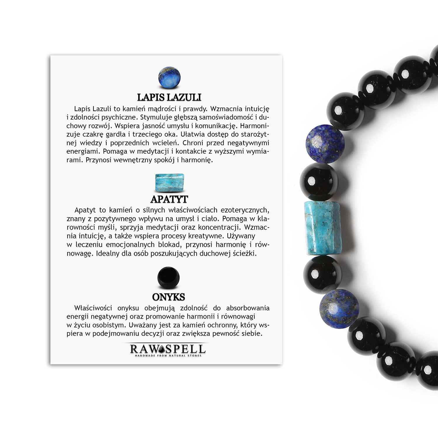 Elegancka bransoletka na gumce z kolekcji Laeri - Lapis Lazuli, Apatyt, Onyks dla obu płci Bransoletka z kolekcji Laeri wykonana z naturalnych kamieni: lapis lazuli, apatytu i onyksu. Idealna zarówno dla kobiet, jak i mężczyzn.