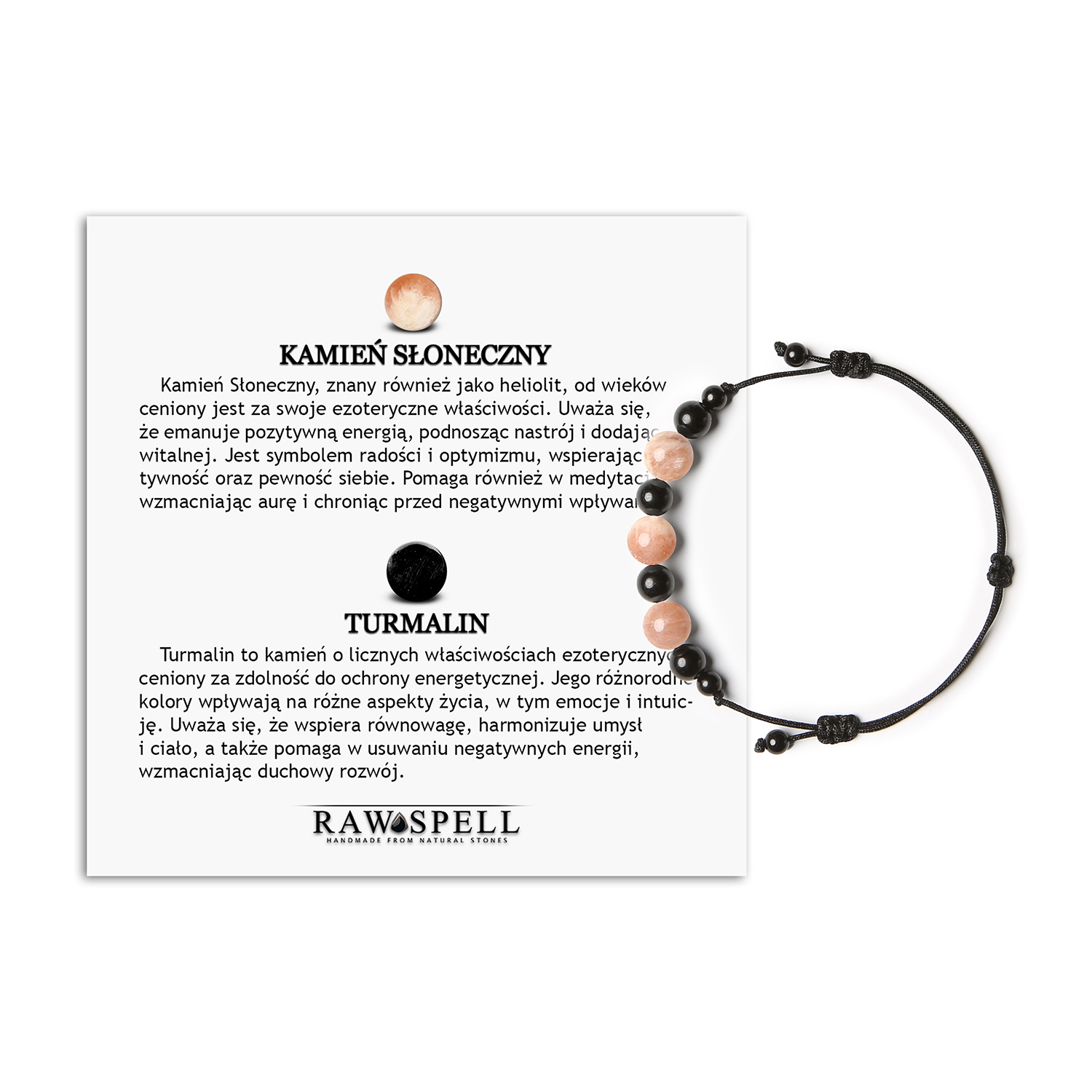 Elegancka bransoletka na sznurku Haka z Kamieniem Słonecznym i Turmalinem, dostępna w wersji damskiej i męskiej Stylowa bransoletka Haka z naturalnych kamieni, w tym kamienia słonecznego i turmalinu, dostępna dla kobiet i mężczyzn.