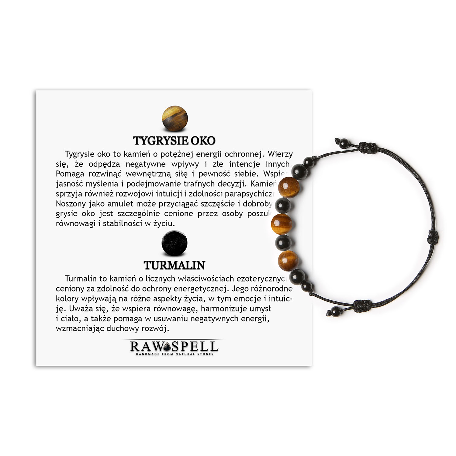 Elegancka bransoletka na sznurku Haka z kamieniami Tygrysie Oko i Turmalin, dla każdego Stylowa bransoletka Haka, ozdobiona kamieniami Tygrysie Oko i Turmalin, idealna dla kobiet i mężczyzn.