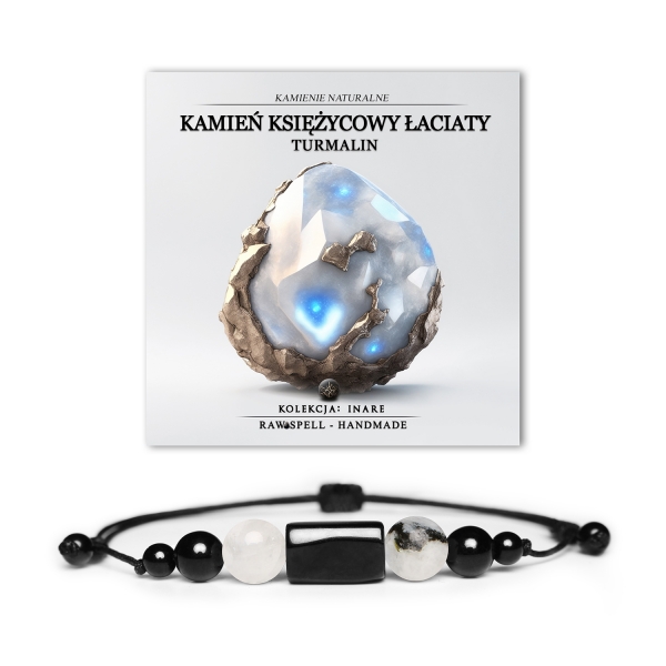 Unikatowa bransoletka z kolekcji Inare, łącząca Łaciaty Kamień Księżycowy i Turmalin, dostępna w wersjach dla kobiet i mężczyzn.