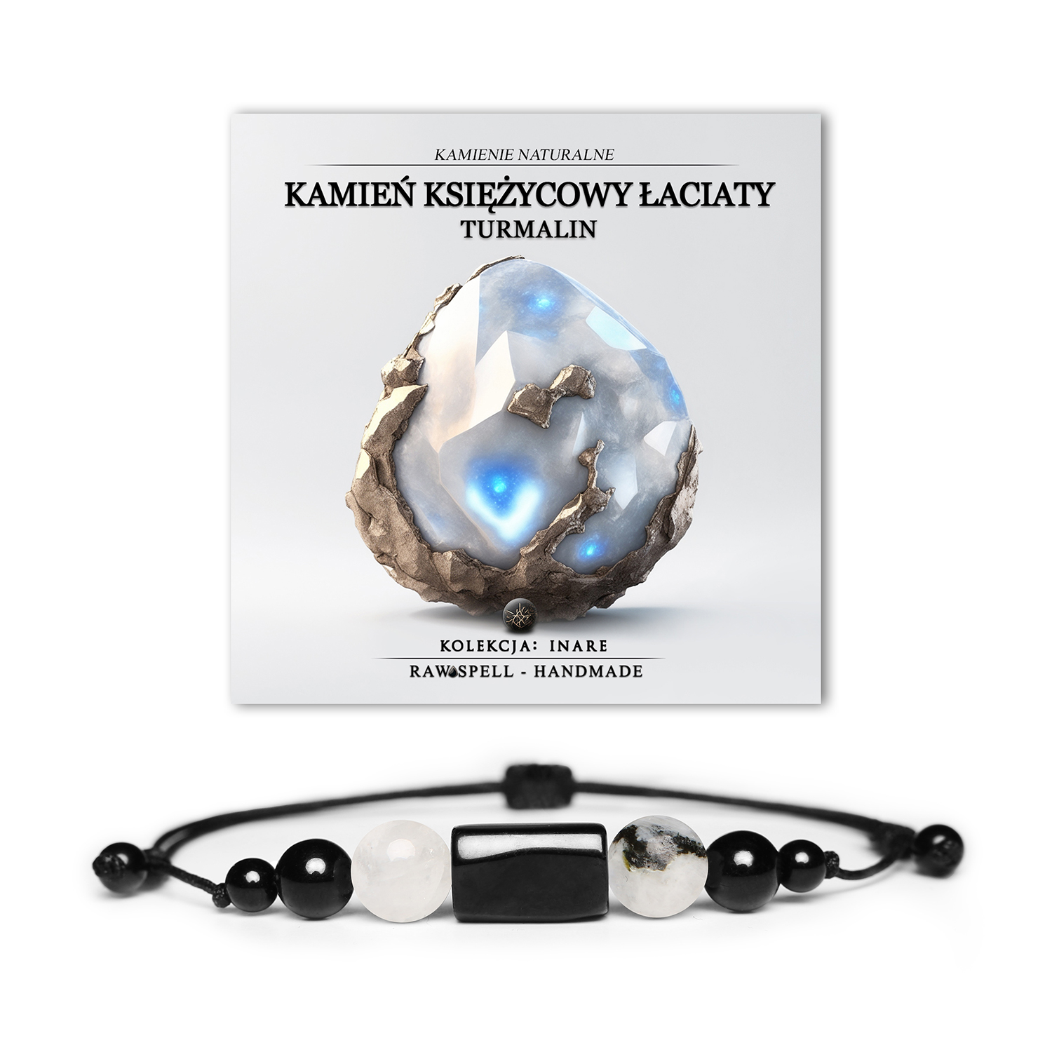 Unikatowa bransoletka z kolekcji Inare, łącząca Łaciaty Kamień Księżycowy i Turmalin, dostępna w wersjach dla kobiet i mężczyzn.