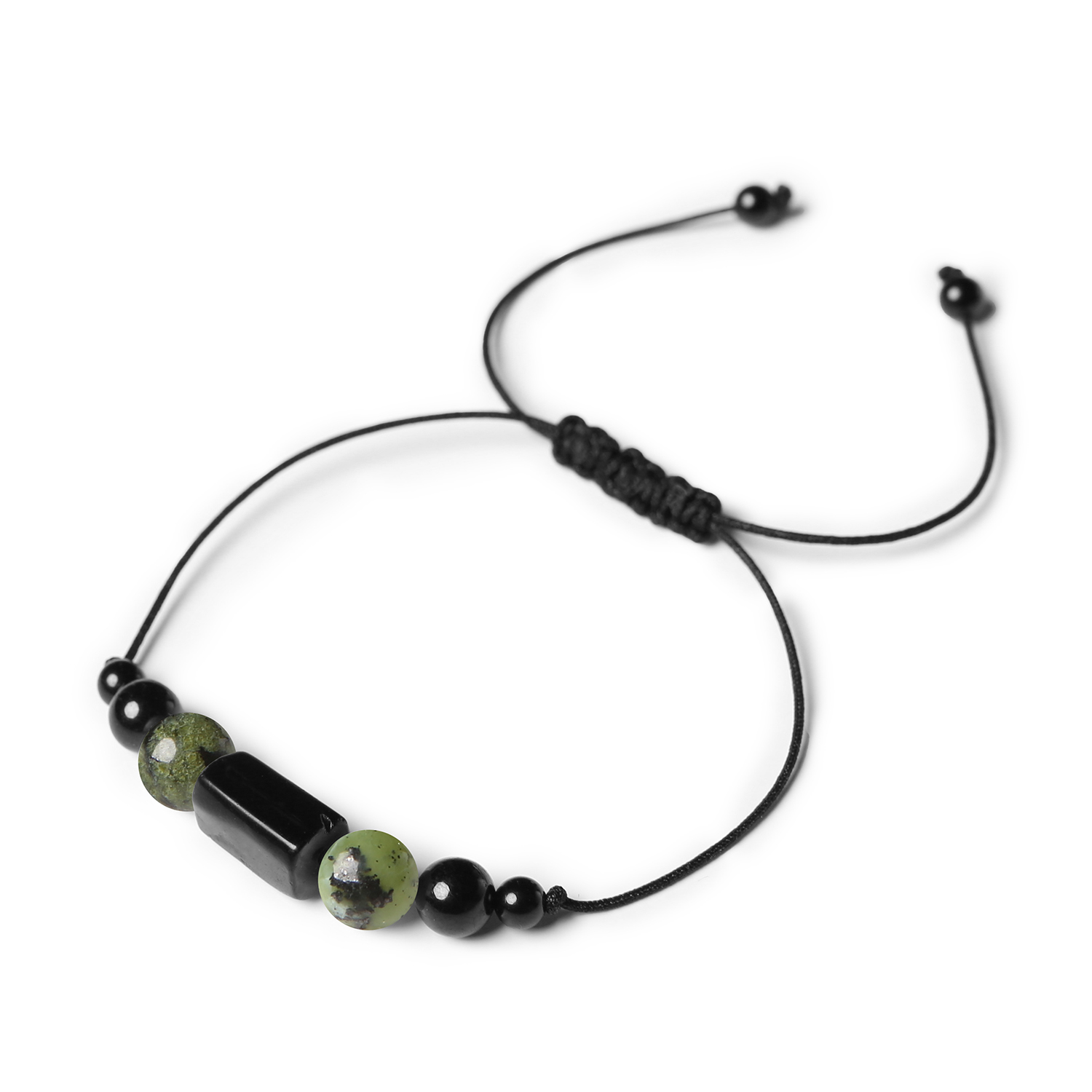Elegancka bransoletka na sznurku Inare z jadeitem zielonym i turmalinem dla niej i dla niego Bransoletka Inare z zielonego jadeitu i turmalinu, wykonana z naturalnych kamieni, dostępna w wersji damskiej i męskiej.