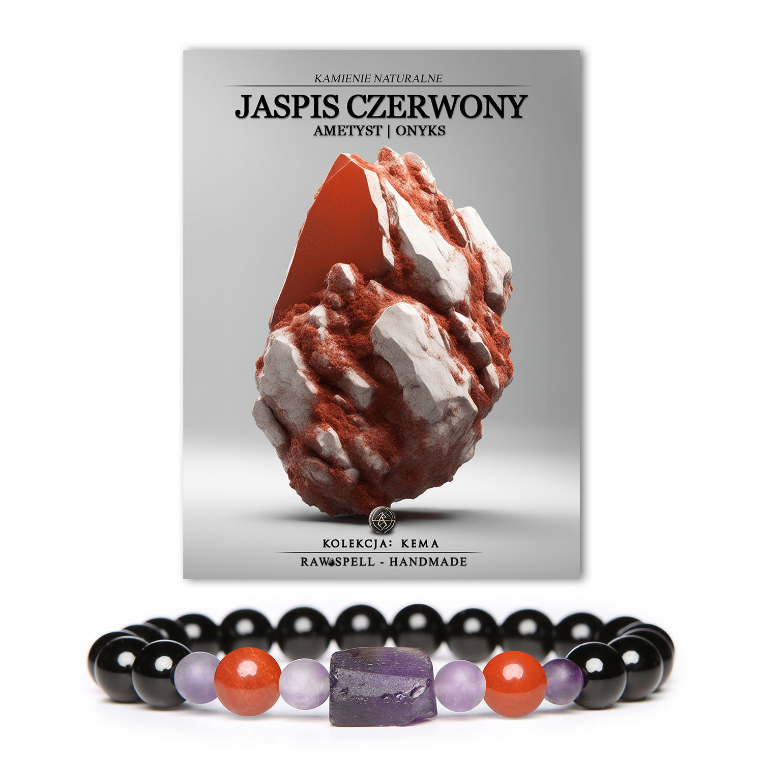 Bransoletka Kema z naturalnych kamieni: jaspis czerwony, ametyst i onyks - elegancki dodatek zarówno dla kobiet, jak i mężczyzn.