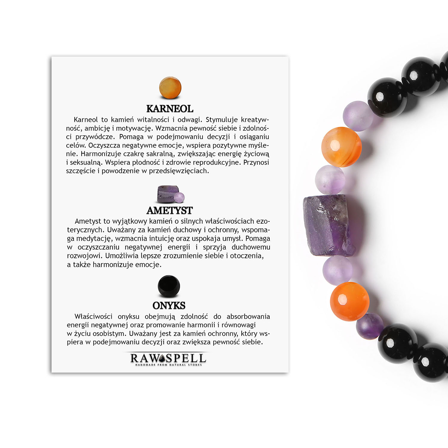 Elegancka bransoletka na sznurku Kema z karneolem, ametystem i onyksą dla kobiet i mężczyzn Bransoletka Kema z naturalnymi kamieniami karneolu, ametystu i onyksu - modny dodatek dla kobiet i mężczyzn.