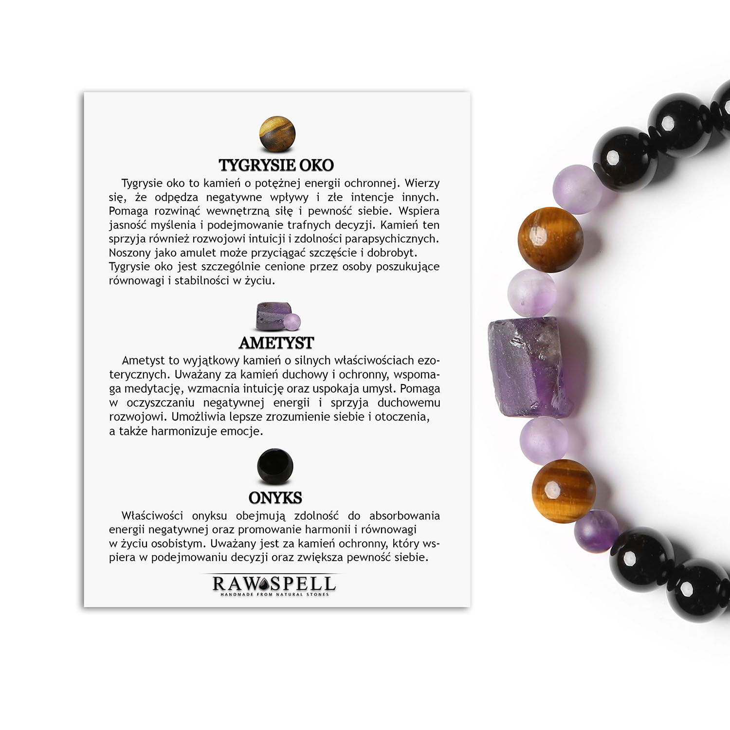 Elegancka bransoletka na sznurku z Tygrysim Okiem, Ametystem i Onyksami z kolekcji Kema dla każdego Elegancka bransoletka z kolekcji Kema z kamieniami naturalnymi: Tygrysie Oko, Ametyst i Onyks, idealna dla kobiet i mężczyzn.