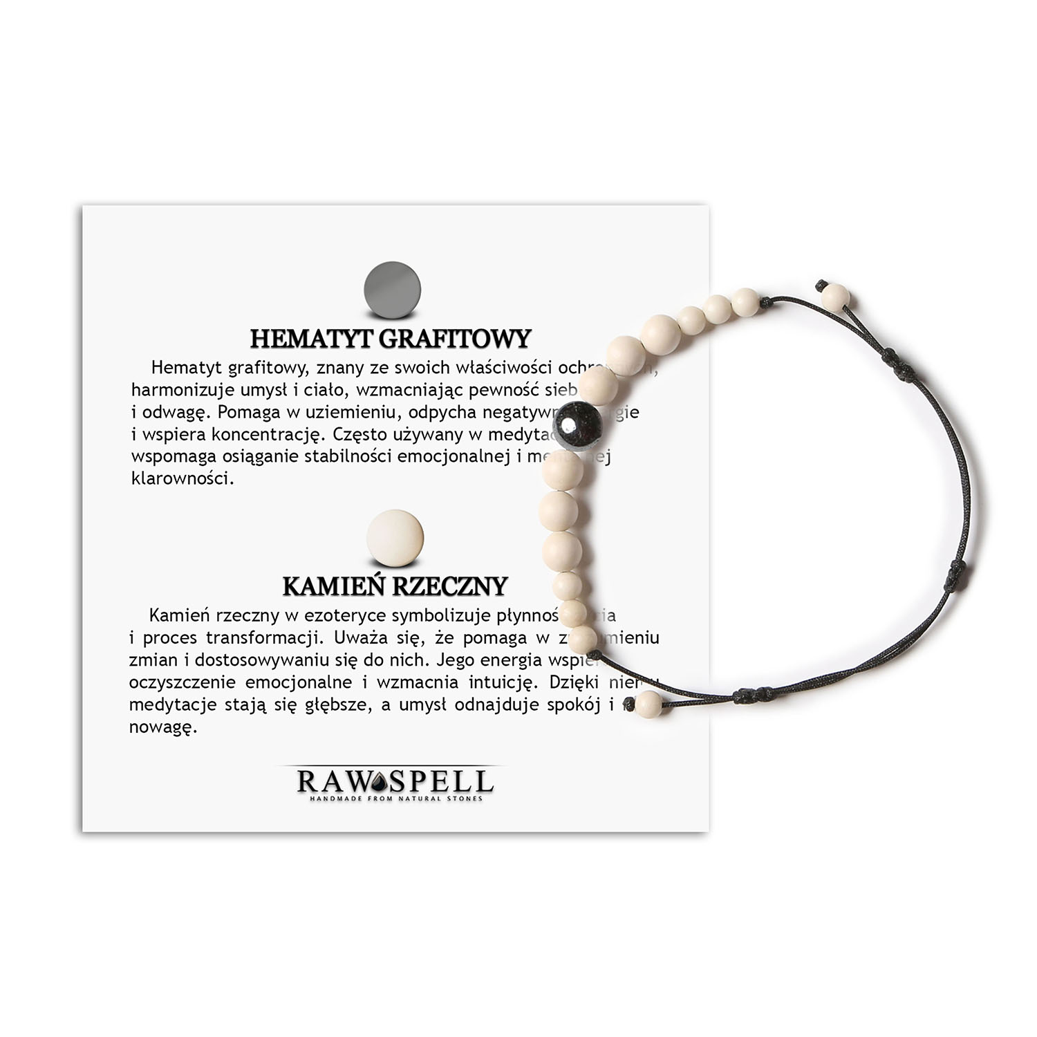 Elegancka bransoletka na sznurku z hematytem grafitowym i kamieniem rzecznym, dostępna dla kobiet i mężczyzn Stylowa bransoletka damska i męska z kolekcji Jaue, ozdobiona naturalnymi kamieniami: hematytem grafitowym oraz kamieniem rzecznym.