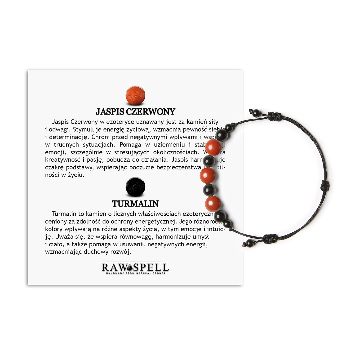Elegancka bransoletka na sznurku z jaspisem czerwonym oraz turmalinem w wersji uniwersalnej dla niej i dla niego Damska i męska bransoletka z kolekcji Haka, zdobiona naturalnymi kamieniami: jaspisem czerwonym i turmalinem, idealna na każdą okazję.