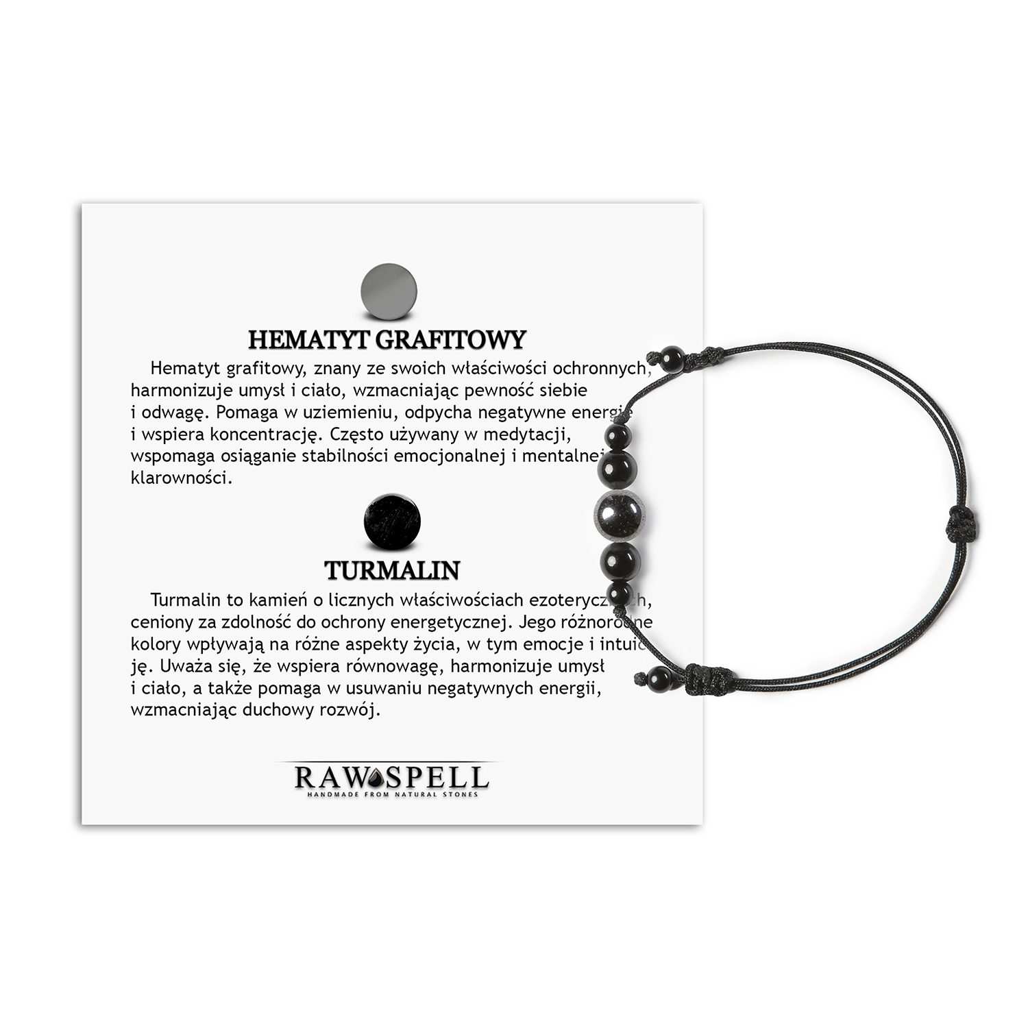 Elegancka bransoletka na sznurku z kolekcji Garie, wykonana z hematytu grafitowego i turmalinu, dla niej i dla niego Stylowa bransoletka z kolekcji Garie, wykonana z grafitowego hematytu i turmalinu, uniseks.