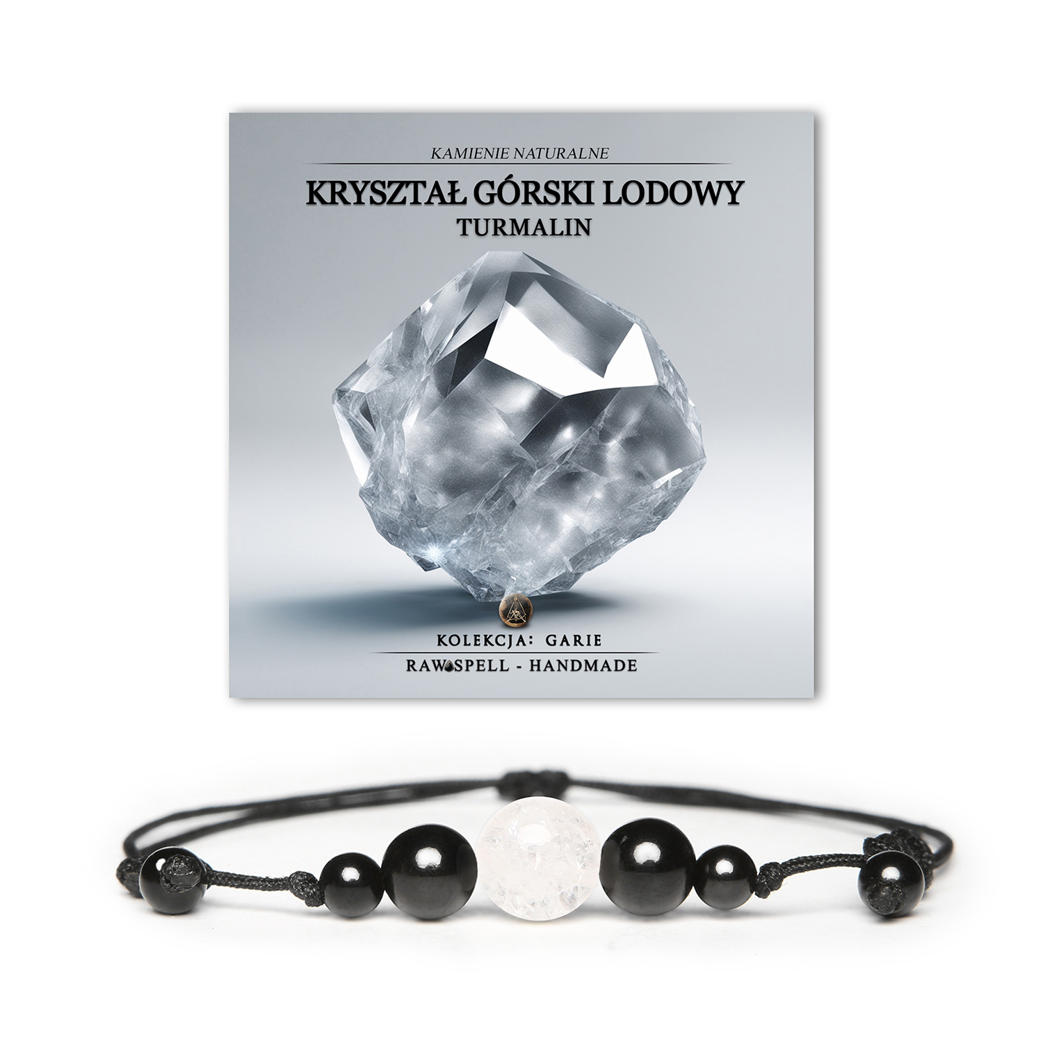 Bransoletka z kolekcji Garie, zawierająca Kryształ Górski Lodowy oraz Turmalin, dostępna w wersji damskiej i męskiej.
