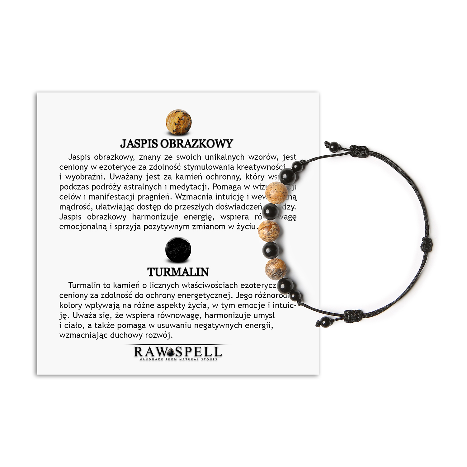 Elegancka bransoletka na sznurku z kolekcji Haka, Jaspis Obrazkowy i Turmalin, dla niej i dla niego Stylowa bransoletka Haka z jaspisem obrazkowym i turmalinem, idealna dla kobiet i mężczyzn, wykonana z naturalnych kamieni.