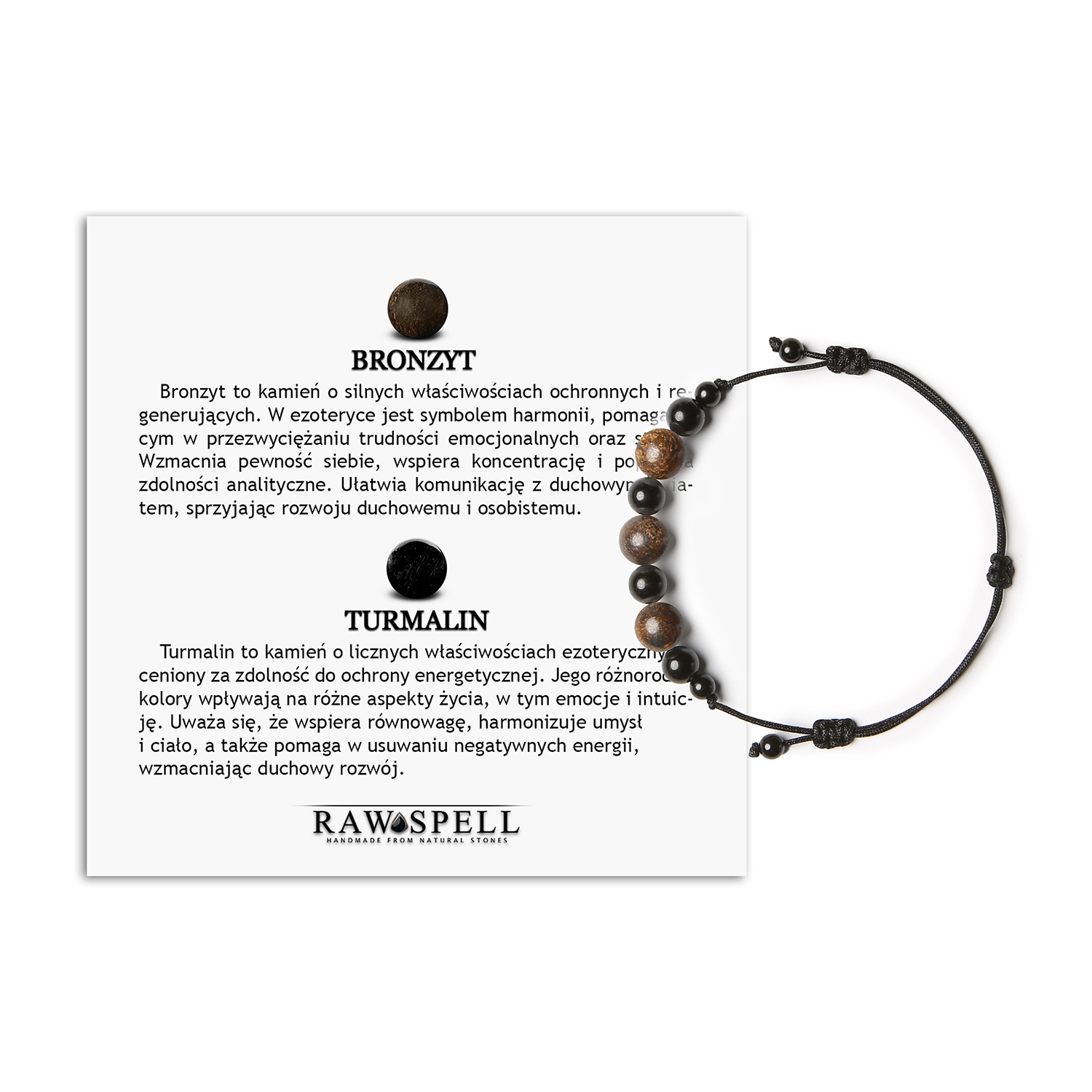 Elegancka bransoletka na sznurku z kolekcji Haka, łącząca bronzyt i turmalin dla kobiet i mężczyzn Bransoletka Haka z naturalnymi kamieniami, w tym bronzytem i turmalinem, dla kobiet i mężczyzn.