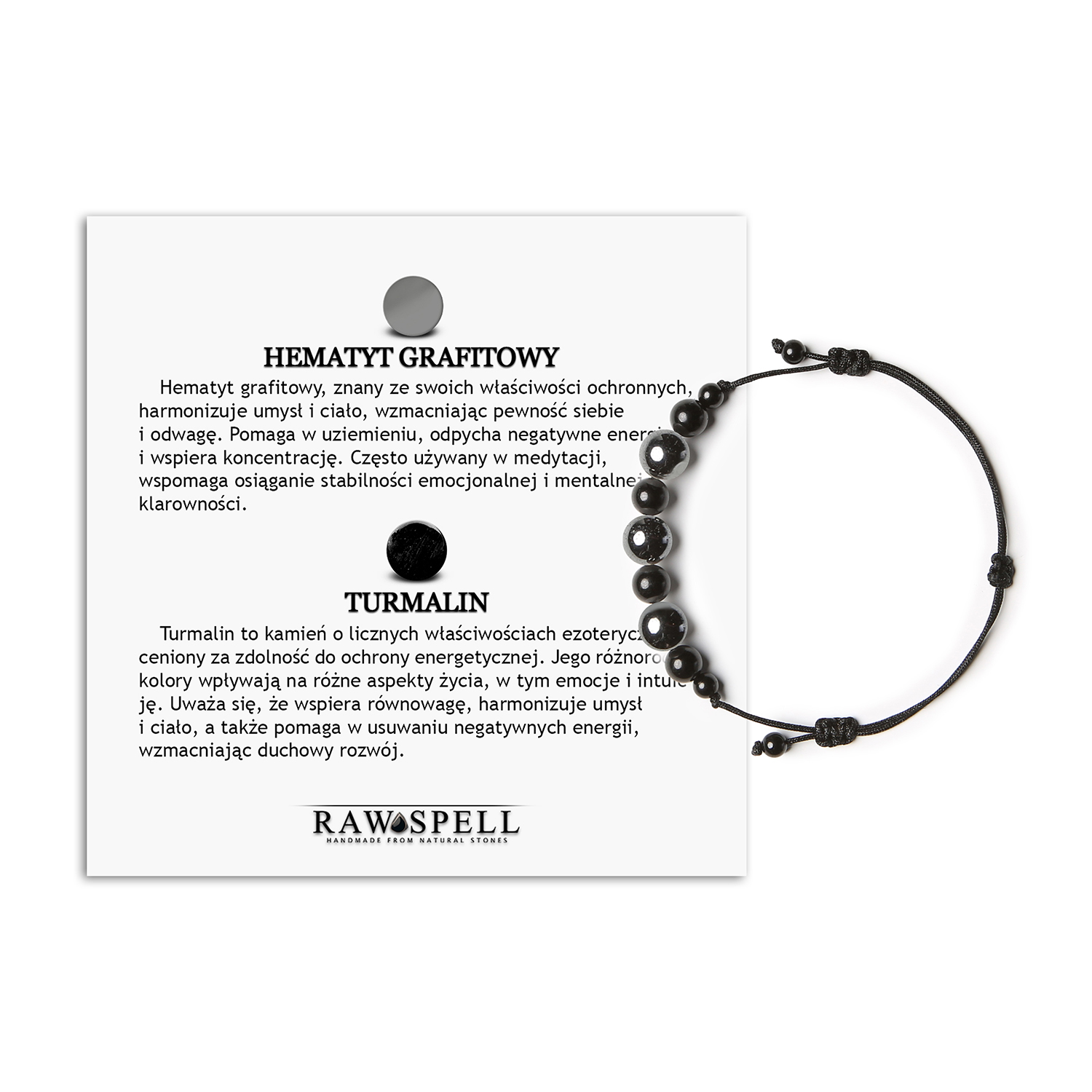 Elegancka bransoletka na sznurku z kolekcji Haka, łącząca hematyt grafitowy i turmalin, dostępna dla kobiet i mężczyzn Damska i męska bransoletka z kolekcji Haka, zdobiona kamieniami naturalnymi - hematytem grafitowym i turmalinem.