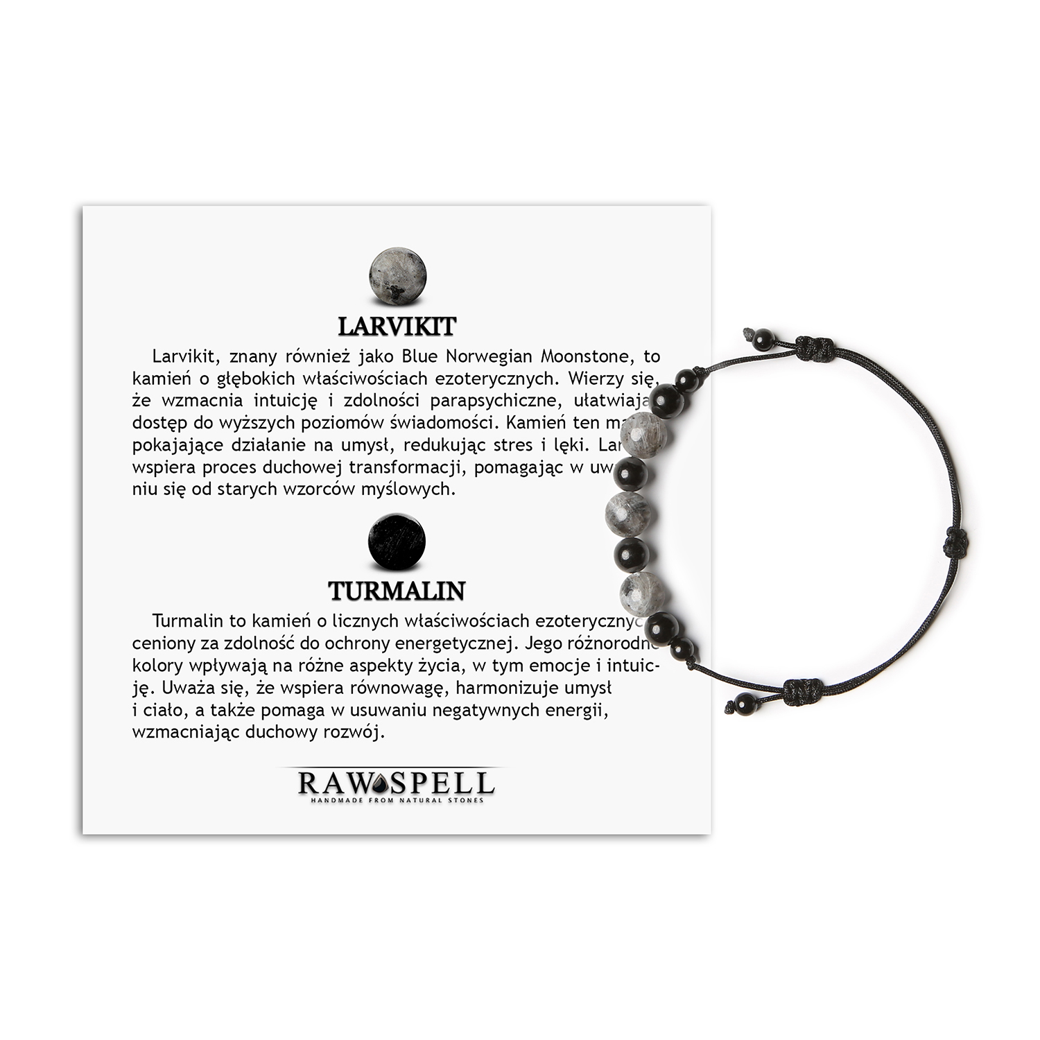 Elegancka bransoletka na sznurku z kolekcji Haka, larvikit i turmalin w wersji damskiej i męskiej Stylowa bransoletka Haka z kamieni naturalnych: larvikit i turmalin, dostępna w wersji damskiej oraz męskiej.