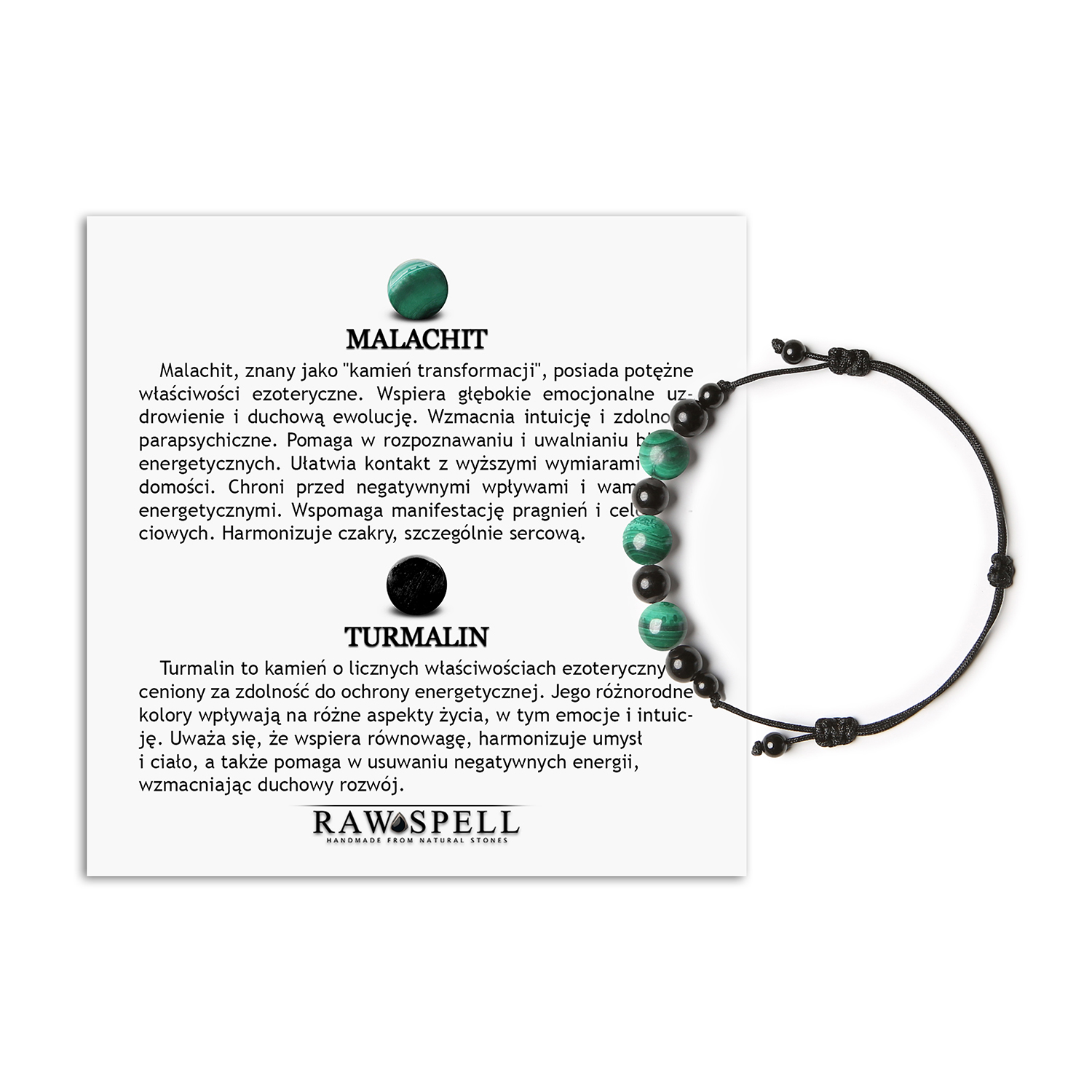 Elegancka bransoletka na sznurku z kolekcji Haka, z malachitem i turmalinem, uniwersalna dla każdej płci Stylowa bransoletka z kolekcji Haka wykonana z malachitu i turmalinu, idealna dla kobiet i mężczyzn.