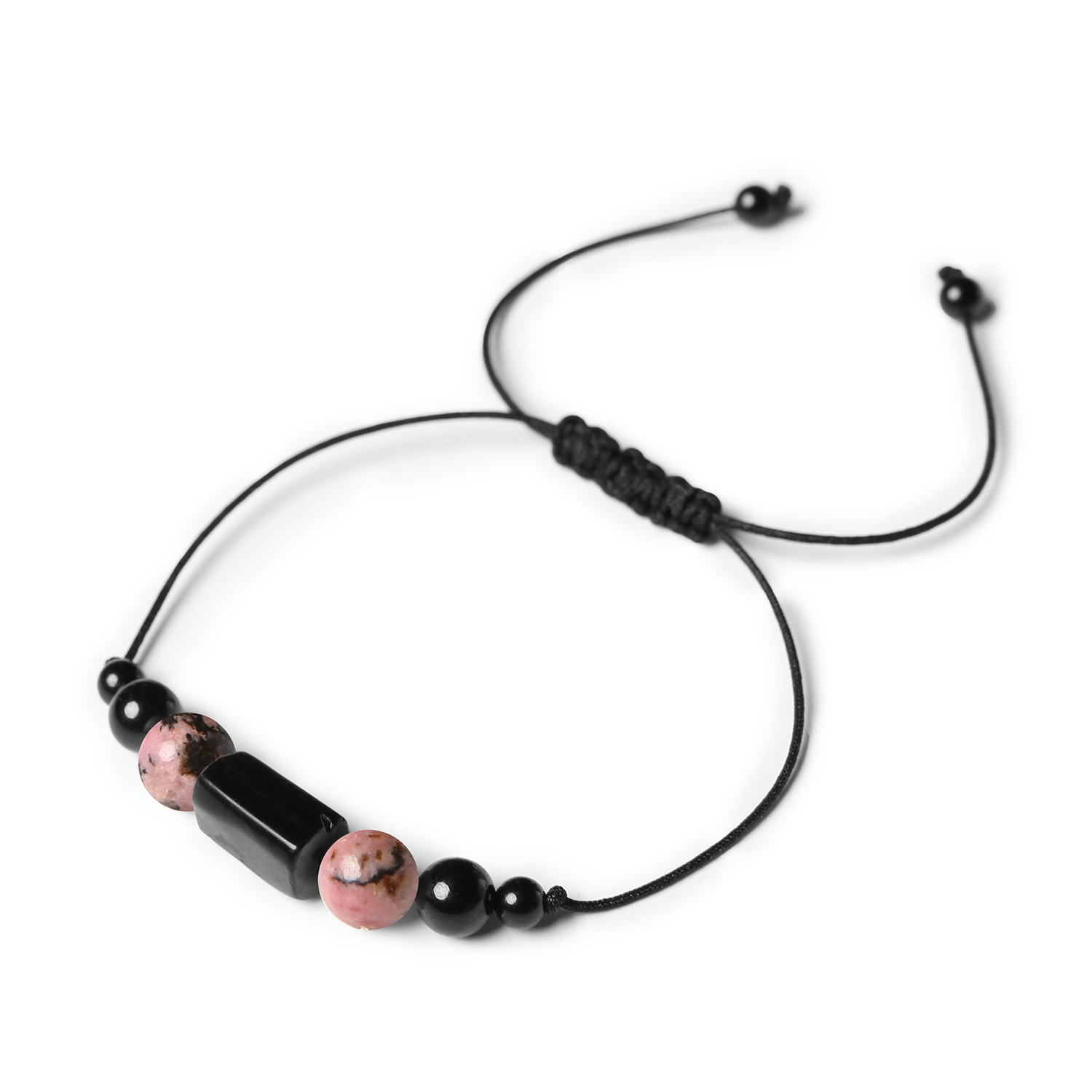Elegancka bransoletka na sznurku z kolekcji Inare, rodonit różowo-czarny oraz turmalin, unisex Bransoletka z rodonitem i turmalinem z kolekcji Inare, unisex, charakteryzująca się oryginalnym wyglądem i unikalnymi właściwościami kamieni.