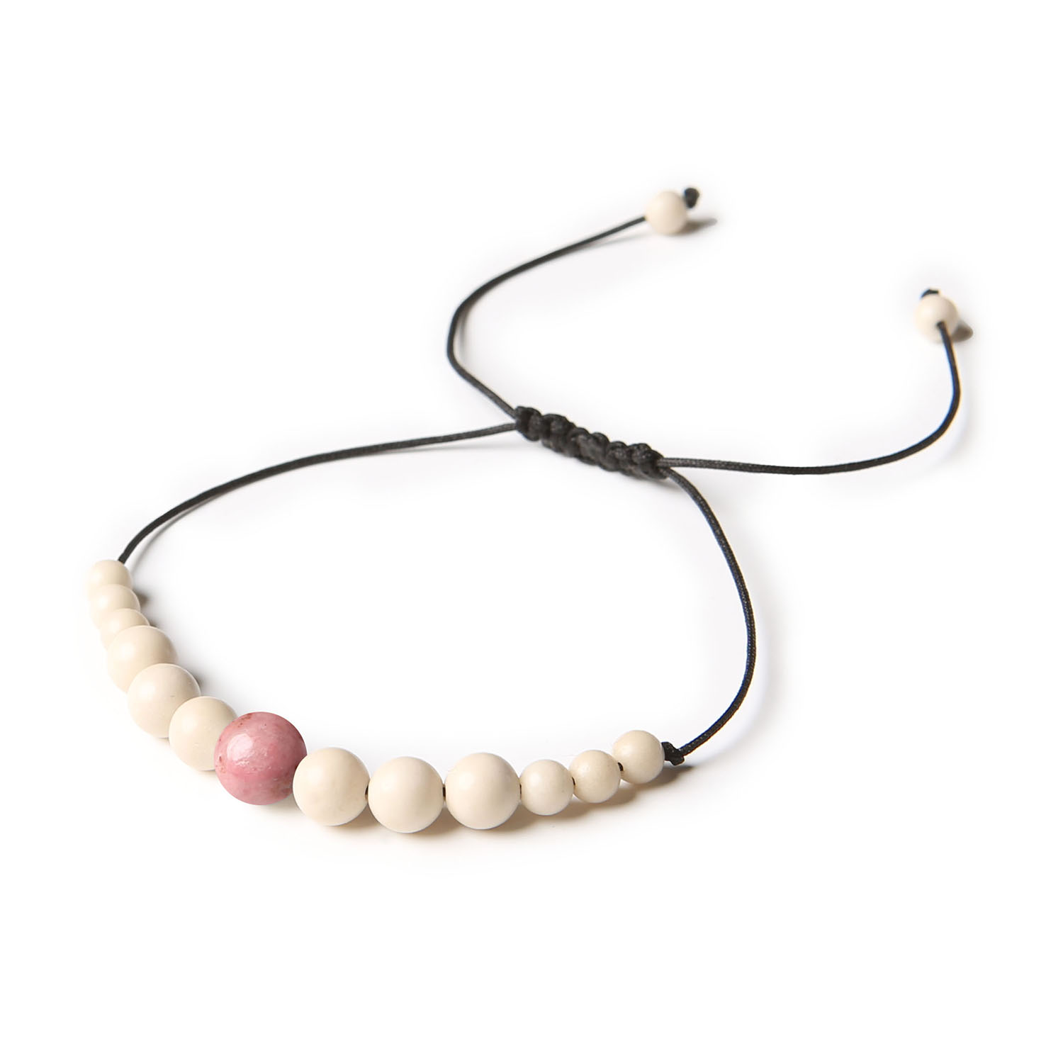 Elegancka bransoletka na sznurku z kolekcji Jaue, różowy rodonit i kamień rzeczny, dostępna w wersji damskiej i męskiej Stylowa bransoletka damska i męska z naturalnych kamieni: różowy rodonit i kamień rzeczny z kolekcji Jaue.