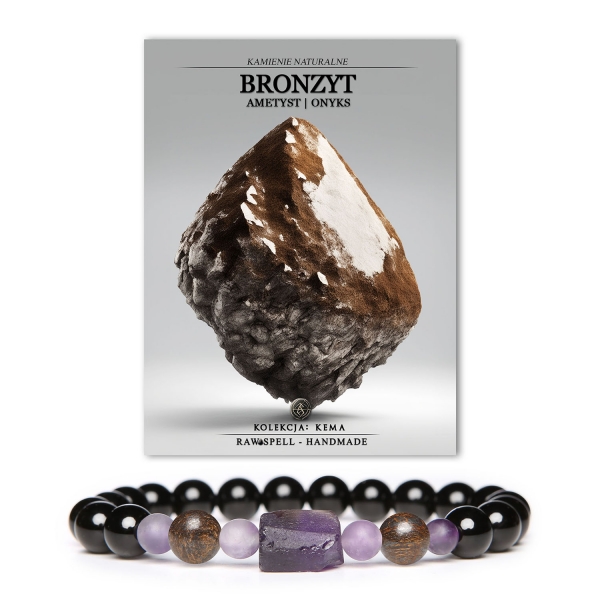 Damska i męska bransoletka Kema z naturalnych kamieni - bronzyt, ametyst, onyks - połączenie elegancji i natury.