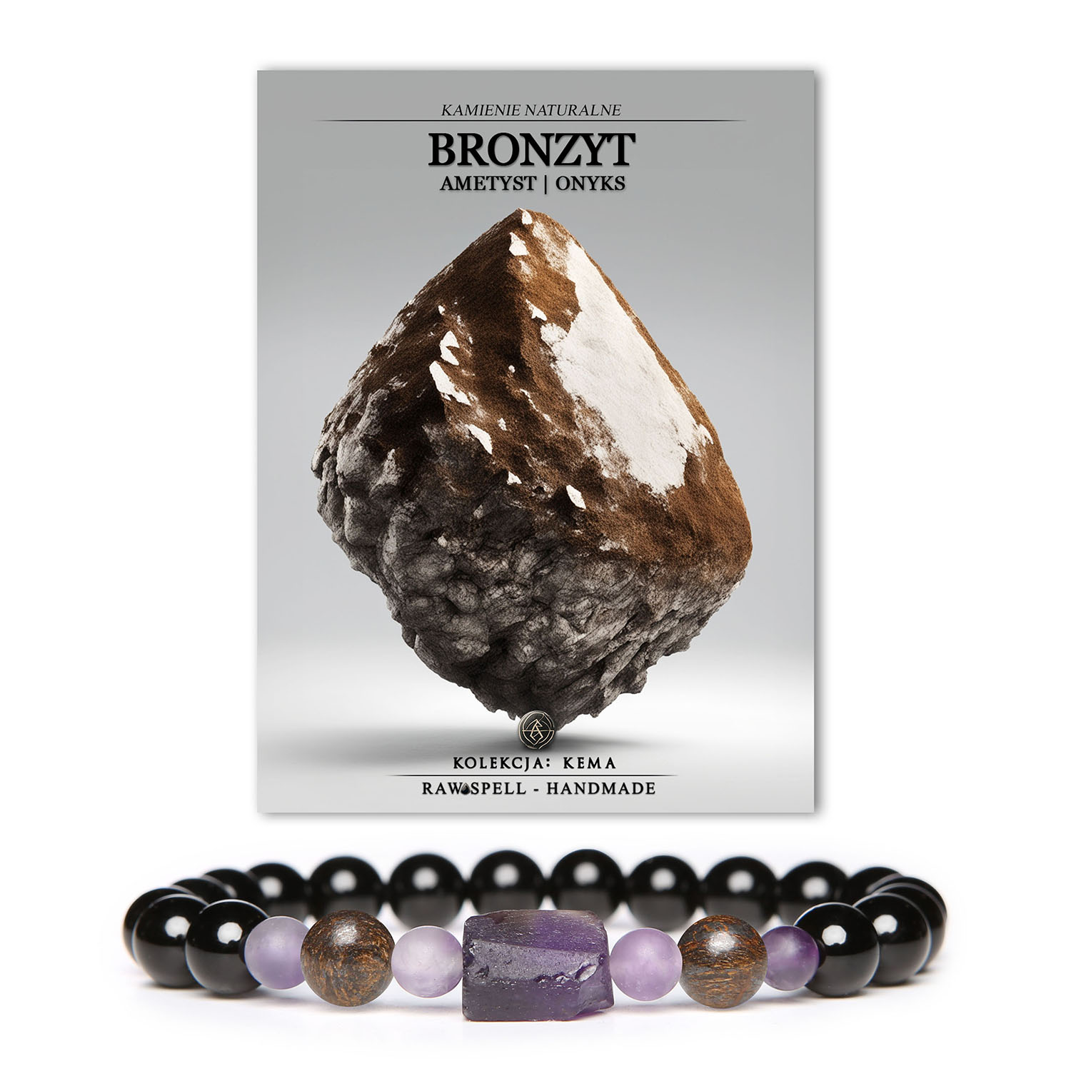 Damska i męska bransoletka Kema z naturalnych kamieni - bronzyt, ametyst, onyks - połączenie elegancji i natury.