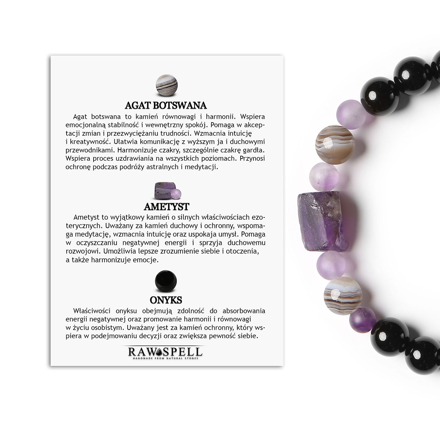 Elegancka bransoletka na sznurku z kolekcji Kema, z Agatem Botswaną, Ametystem i Onyksami, dla kobiet i mężczyzn Stylowa bransoletka z kamieniami naturalnymi: Agat Botswana, Ametyst i Onyks - unisex z kolekcji Kema.