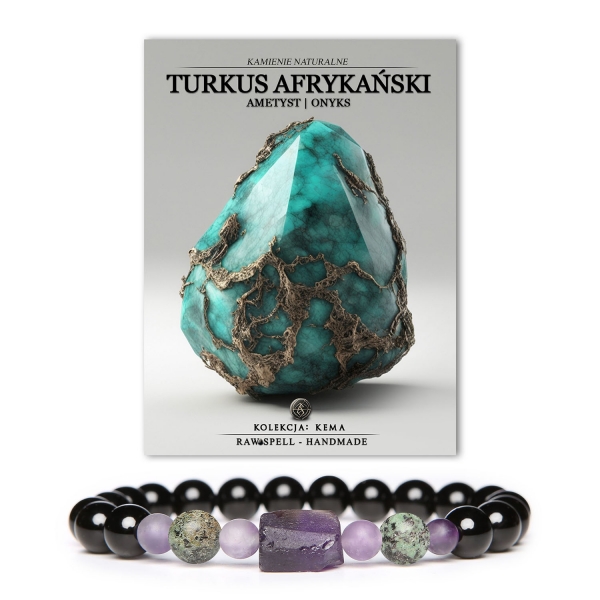 Stylowa bransoletka Kema z kamieniami naturalnymi - turkus afrykański, ametyst i onyks, dostępna w wersji damskiej i męskiej.