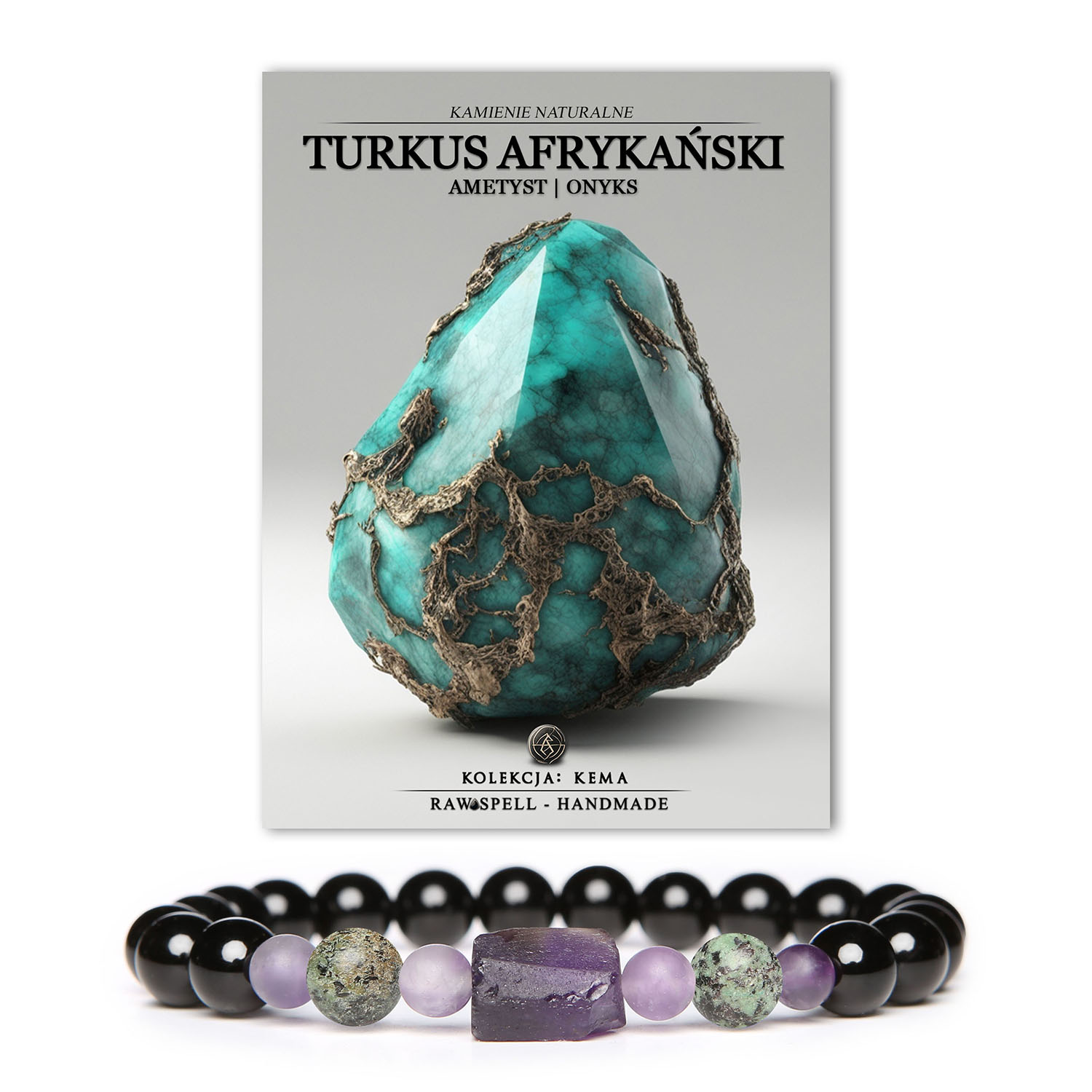 Stylowa bransoletka Kema z kamieniami naturalnymi - turkus afrykański, ametyst i onyks, dostępna w wersji damskiej i męskiej.