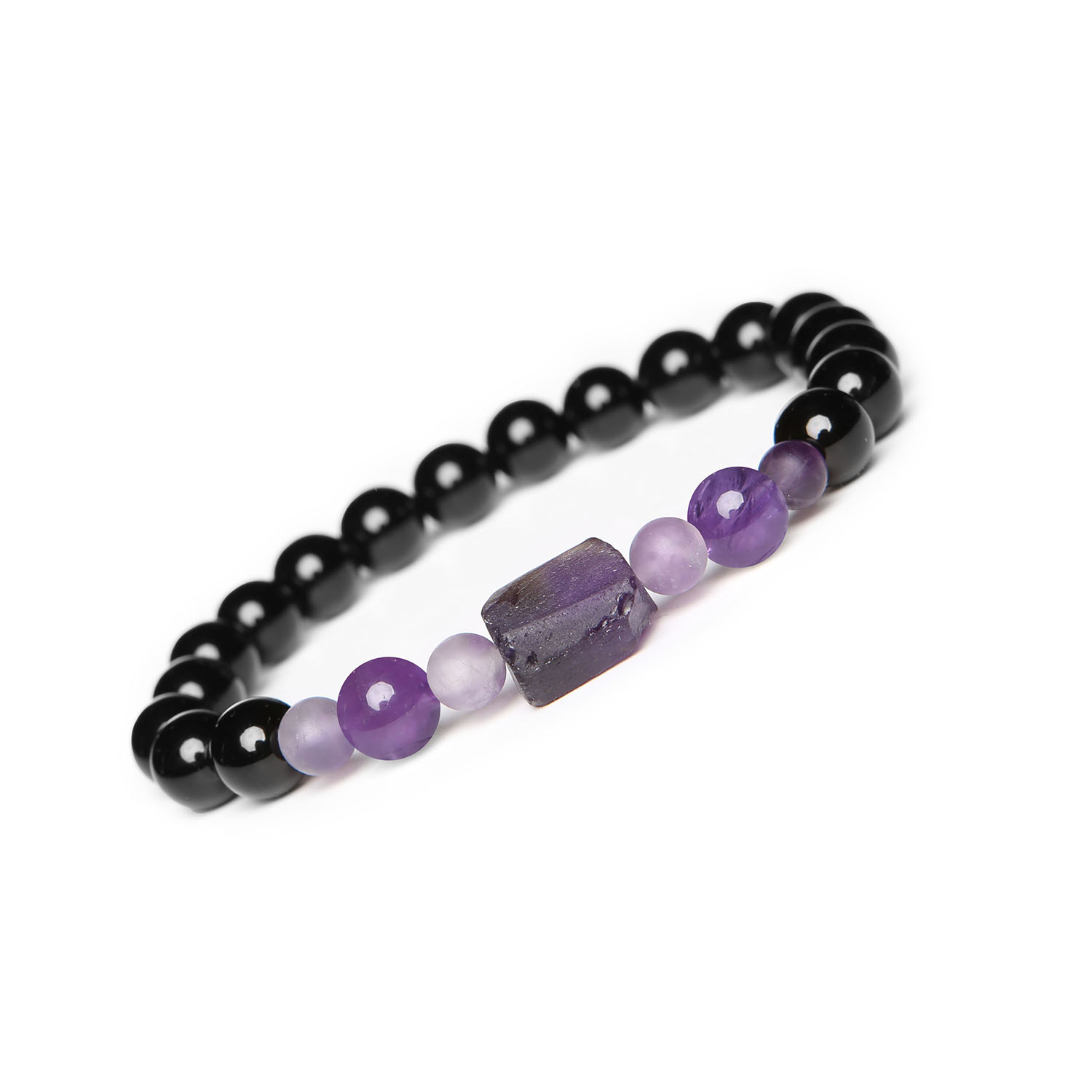 Elegancka bransoletka na sznurku z kolekcji Kema, zdobiona ametystem i onyksem Bransoletka Kema z naturalnymi kamieniami: ametyst i onyks, idealna dla kobiet i mężczyzn.