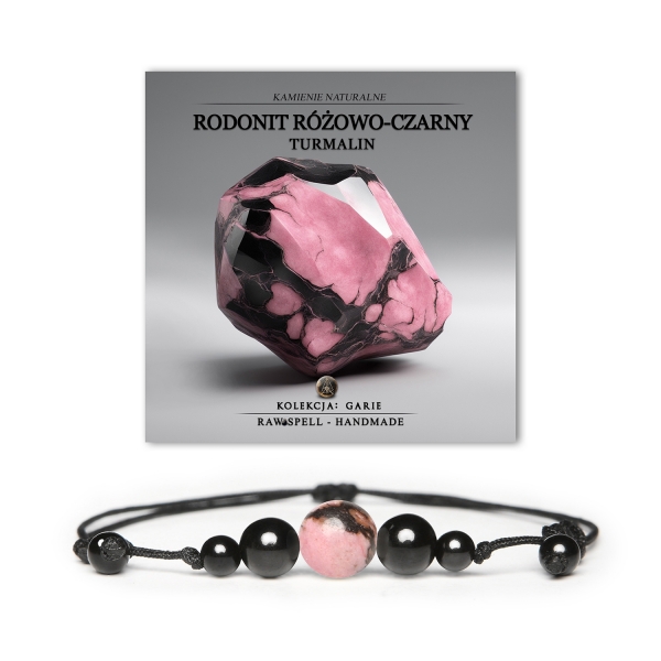 Bransoletka Garie z rodonitem różowo-czarnym i turmalinem, doskonała dla kobiet i mężczyzn, łącząca naturalne piękno z nowoczesnym stylem.