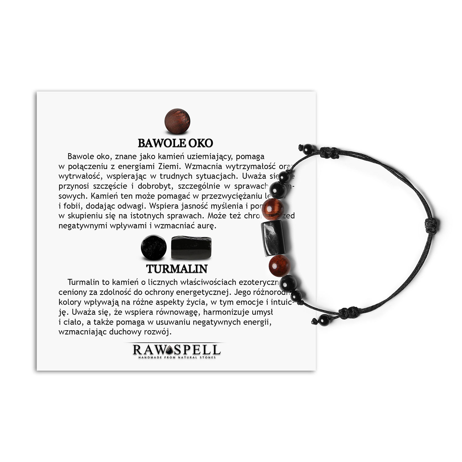 Inare - bransoletka na sznurku z Bawolim Okiem i Turmalinem dla kobiet i mężczyzn Bransoletka Inare z naturalnymi kamieniami: bawole oko i turmalin, idealna dla kobiet i mężczyzn.