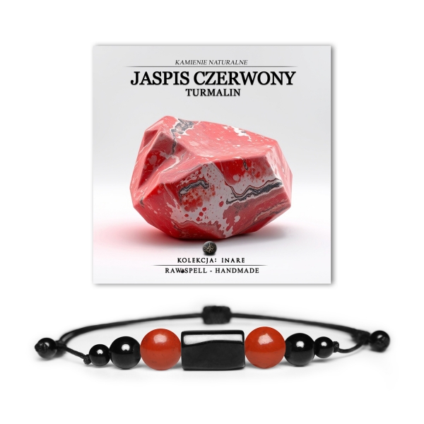 Bransoletka z kolekcji Inare z jaspisem czerwonym i turmalinem, unisex, dla miłośników naturalnych kamieni.