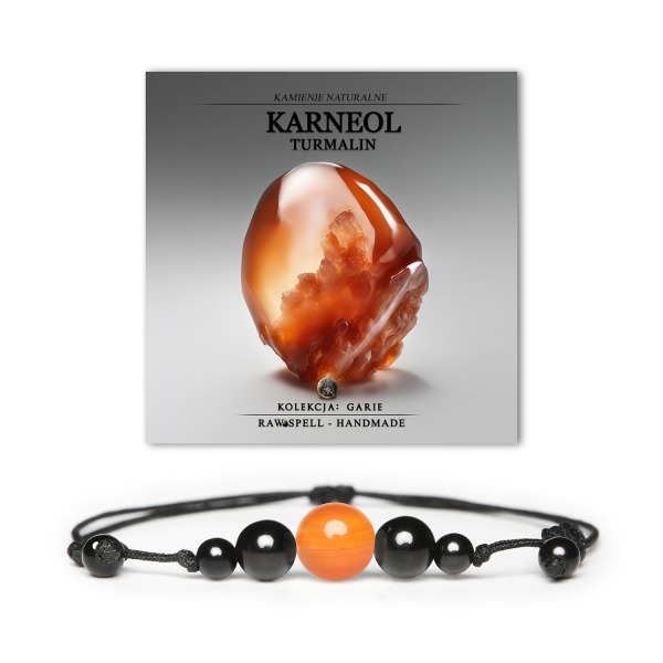 Bransoletka z kolekcji Garie, wykonana z naturalnych kamieni karneolu i turmalinu, unisex dla kobiet i mężczyzn.