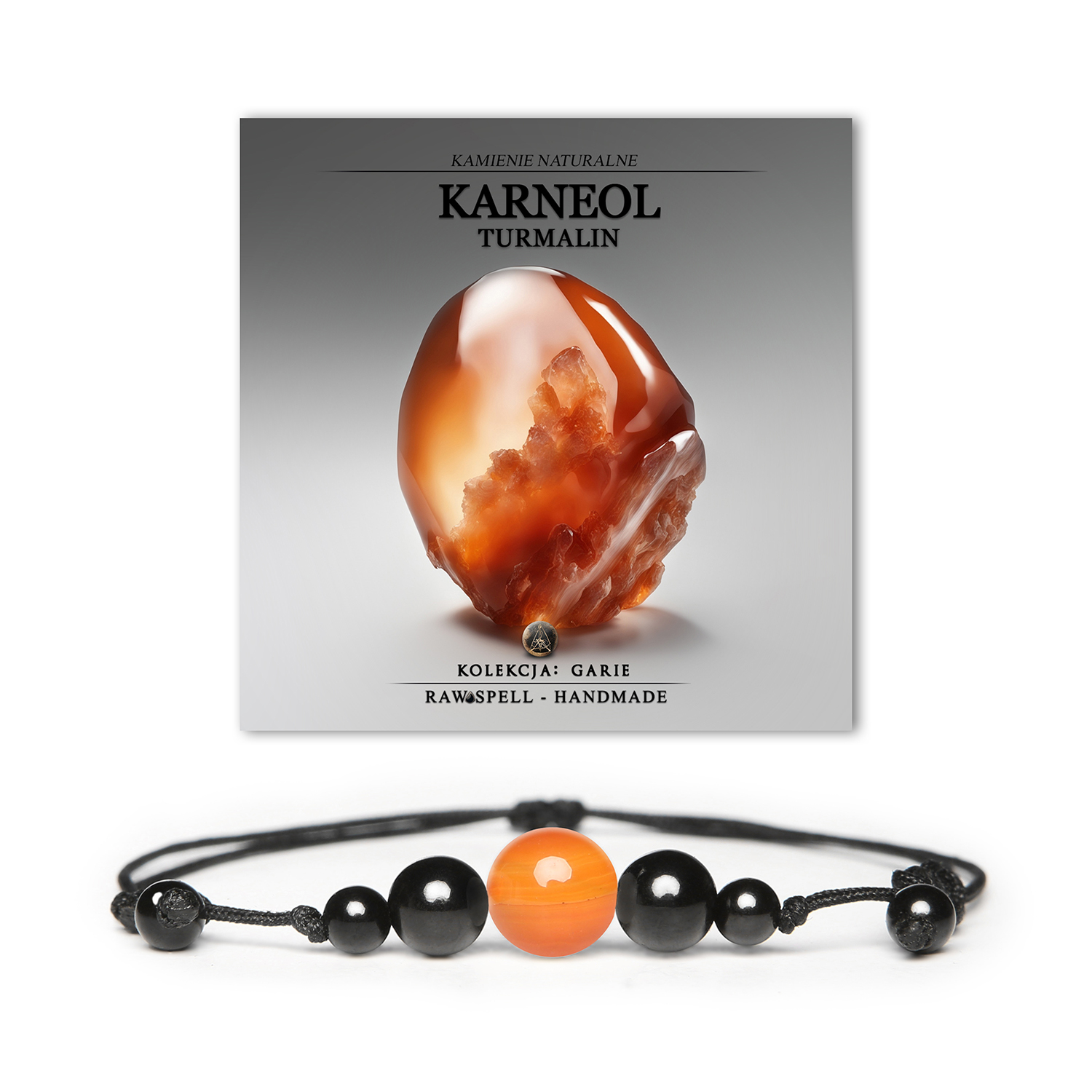 Bransoletka z kolekcji Garie, wykonana z naturalnych kamieni karneolu i turmalinu, unisex dla kobiet i mężczyzn.