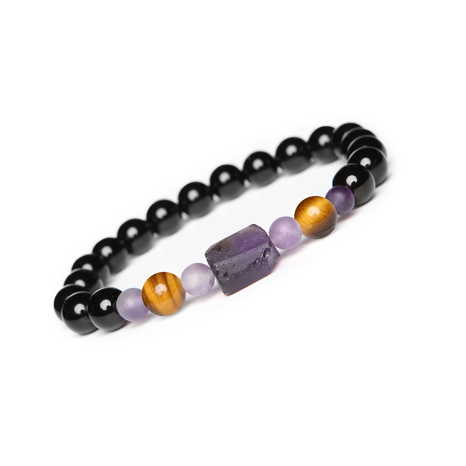 Kema - bransoletka na sznurku z Tygrysim Okiem, Ametystem i Onyksami, idealna dla damskiej i męskiej stylizacji Bransoletka Kema z naturalnymi kamieniami: Tygrysie Oko, Ametyst i Onyks, dostępna w wersjach damskich i męskich.