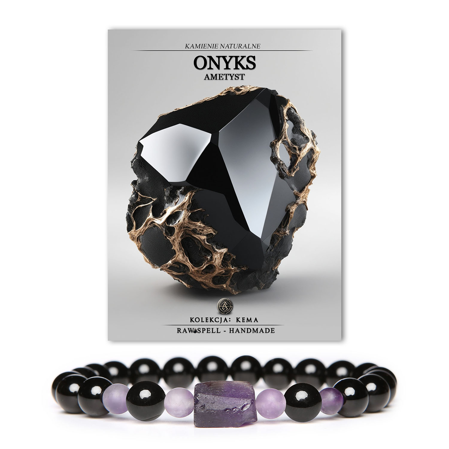 Bransoletka z kolekcji Kema z naturalnych kamieni: onyks i ametyst, dostępna w wersji damskiej i męskiej.