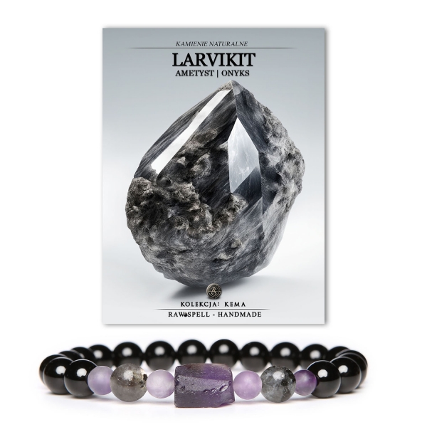 Stylowa bransoletka z kolekcji Kema wykonana z larvikitu, ametystu oraz onyksu, pasująca zarówno dla pań, jak i panów.