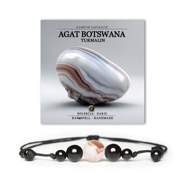 Elegancka bransoletka z kolekcji Garie, ozdobiona naturalnymi kamieniami - agat Botswana i turmalin. Uniwersalny model dla kobiet i mężczyzn.