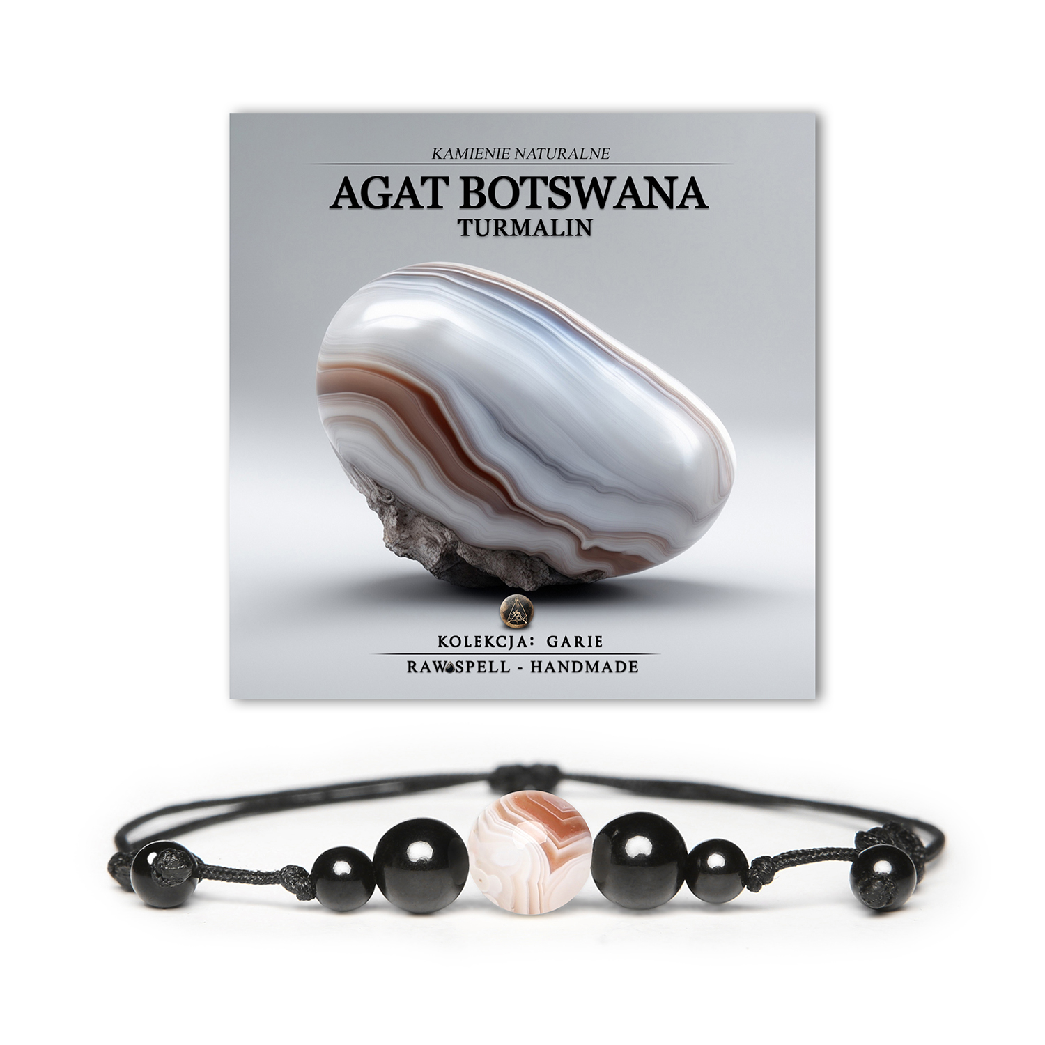 Elegancka bransoletka z kolekcji Garie, ozdobiona naturalnymi kamieniami - agat Botswana i turmalin. Uniwersalny model dla kobiet i mężczyzn.