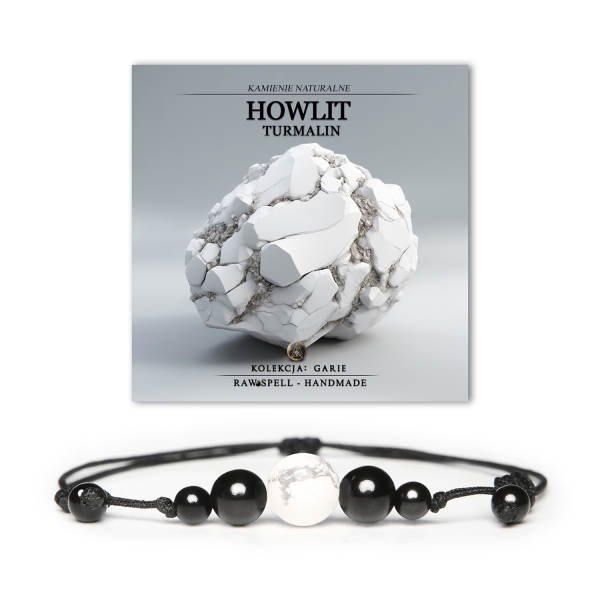 Stylowa bransoletka Garie z kamieniami howlit i turmalin, doskonała dla kobiet i mężczyzn.