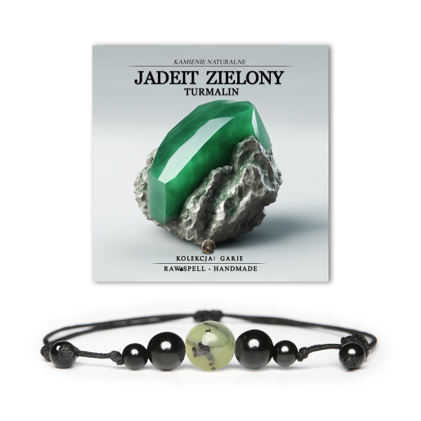 Bransoletka z kolekcji Garie, wykonana z naturalnych kamieni: zielony jadeit i turmalin. Idealna na prezent zarówno dla kobiet, jak i mężczyzn.