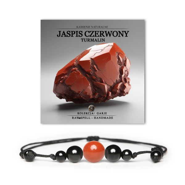 Bransoletka z naturalnych kamieni, jaspis czerwony i turmalin, z kolekcji Garie, przeznaczona dla obu płci.