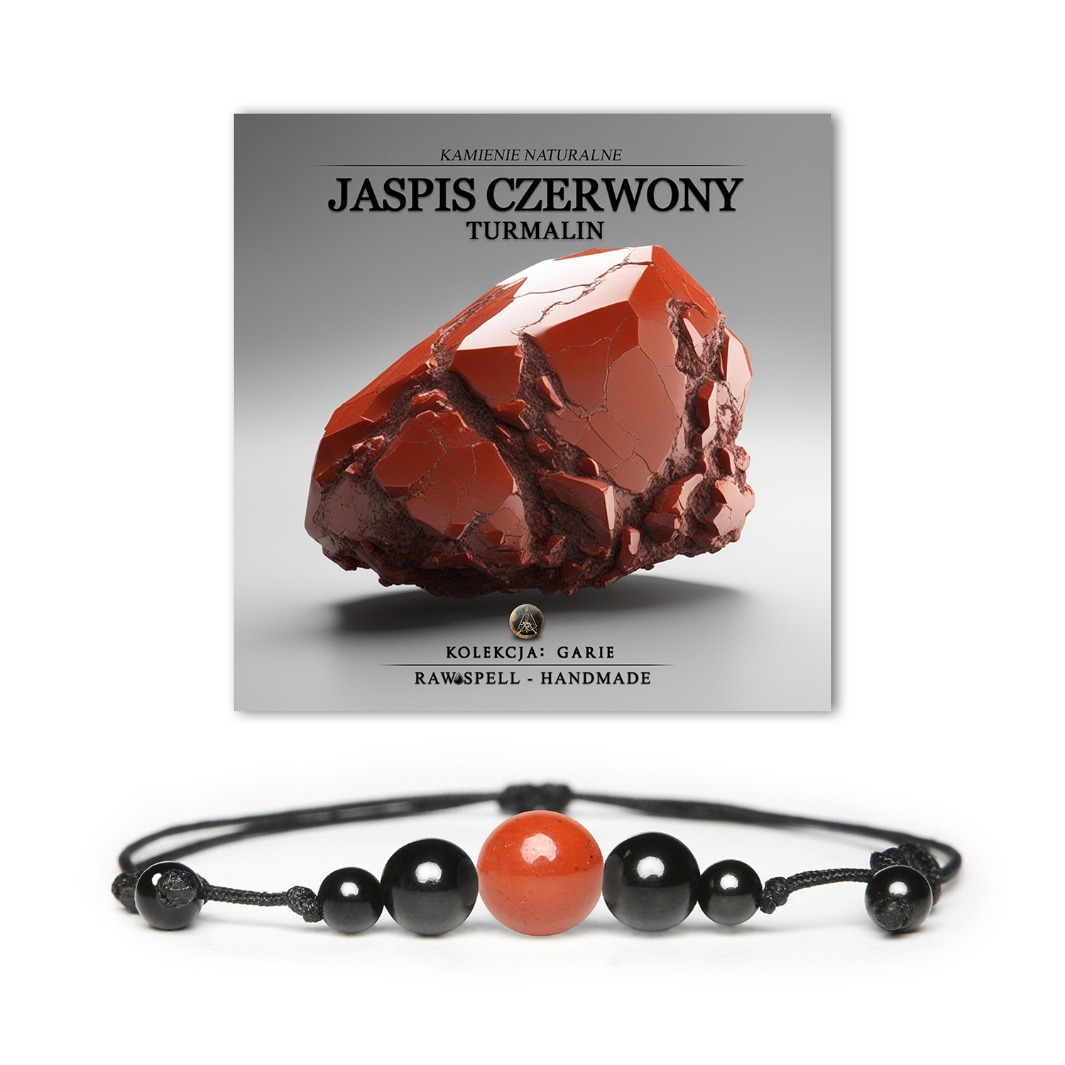 Bransoletka z naturalnych kamieni, jaspis czerwony i turmalin, z kolekcji Garie, przeznaczona dla obu płci.