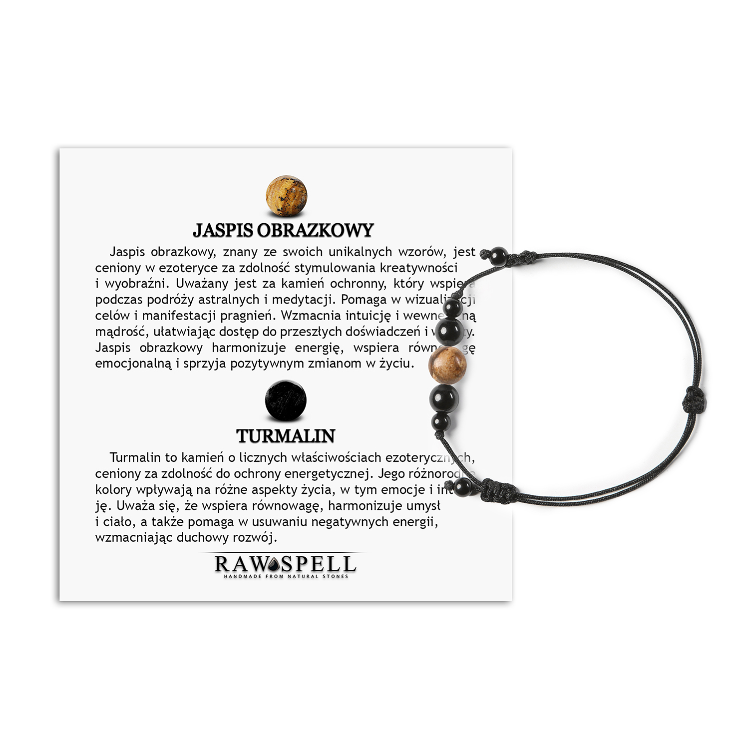 Kolekcja Garie - bransoletka na sznurku z jaspisem obrazkowym i turmalinem, dostępna w wersji damskiej i męskiej Bransoletka Garie z naturalnym jaspisem obrazkowym i turmalinem, idealna dla kobiet i mężczyzn.
