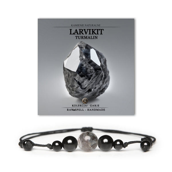 Bransoletka z kolekcji Garie wykonana z naturalnych kamieni, w tym larvikitu i turmalinu, dostępna zarówno w wersji damskiej, jak i męskiej.