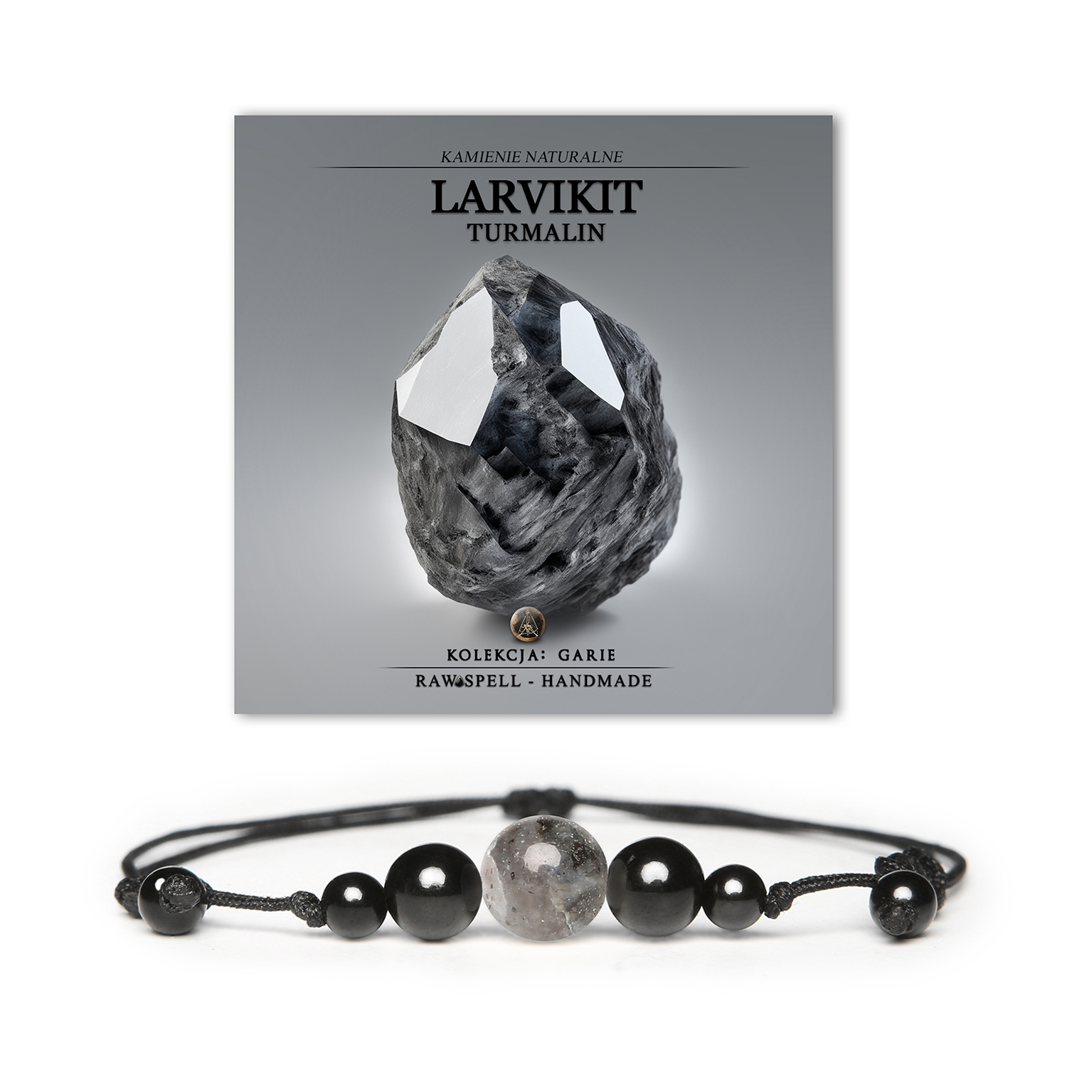 Bransoletka z kolekcji Garie wykonana z naturalnych kamieni, w tym larvikitu i turmalinu, dostępna zarówno w wersji damskiej, jak i męskiej.