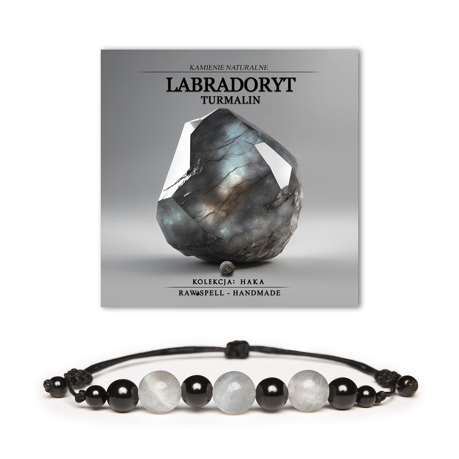 Bransoletka Haka z naturalnymi kamieniami - labradorytem i turmalinem, idealna dla kobiet i mężczyzn.