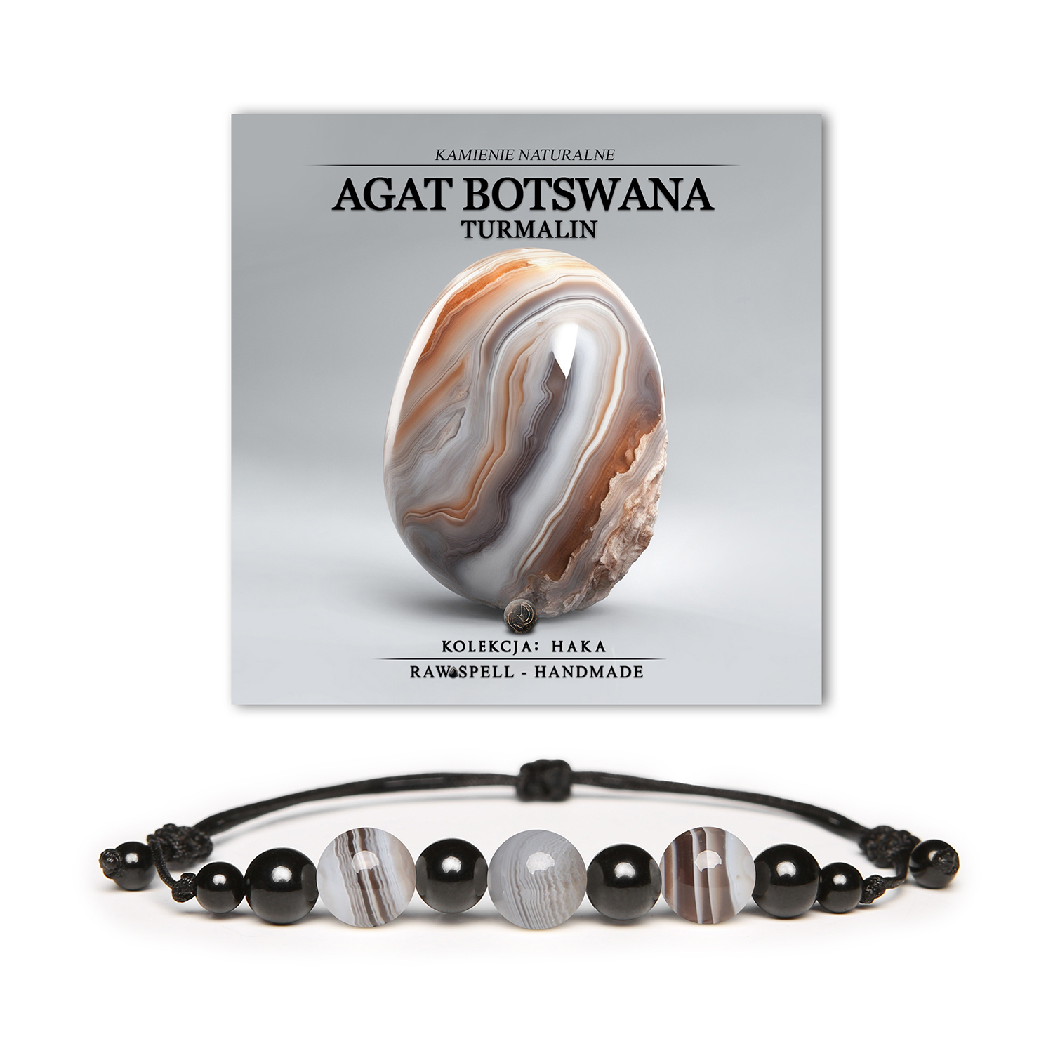 Bransoletka Haka z naturalnymi agatami Botswana i turmalinem, unisex - doskonały dodatek dla każdej osoby ceniącej styl i naturę.