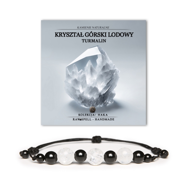Bransoletka z kolekcji Haka z Kryształem Górskim Lodowym i Turmalinem, ponadczasowy model dla kobiet i mężczyzn.