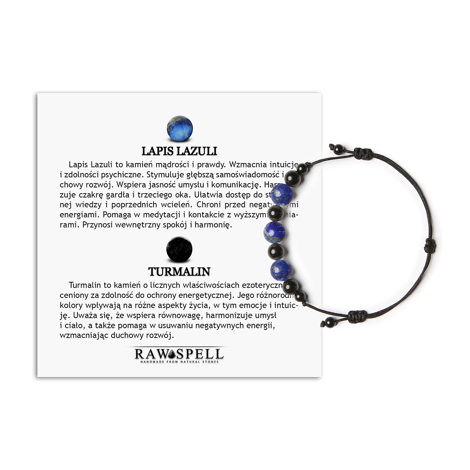 Kolekcja Haka bransoletka na sznurku z Lapis Lazuli i Turmalinem, idealna dla obojga Damska i męska bransoletka z kamieniami naturalnymi Lapis Lazuli i Turmalinem z kolekcji Haka.