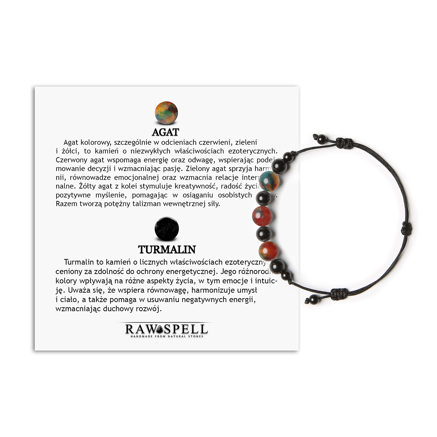 Kolekcja Haka bransoletka na sznurku z agatami i turmalinami dla kobiet i mężczyzn Bransoletka Haka z naturalnymi kamieniami: agat i turmalin, idealna dla kobiet i mężczyzn.