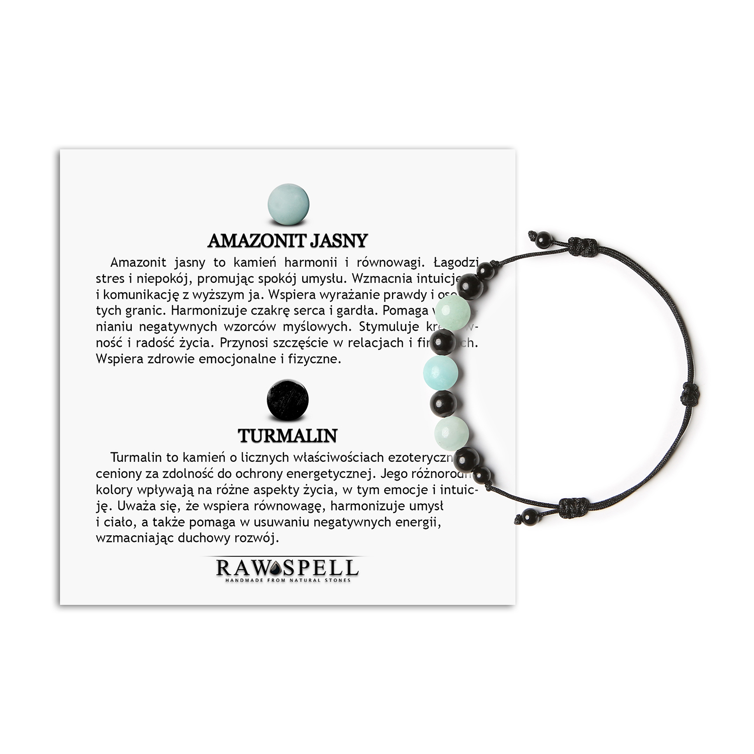 Kolekcja Haka - bransoletka na sznurku z amazonitem jasnym i turmalinem, dla kobiet i mężczyzn Bransoletka Haka z amazonitem i turmalinem - unisex design z naturalnych kamieni, idealna zarówno dla kobiet, jak i mężczyzn.